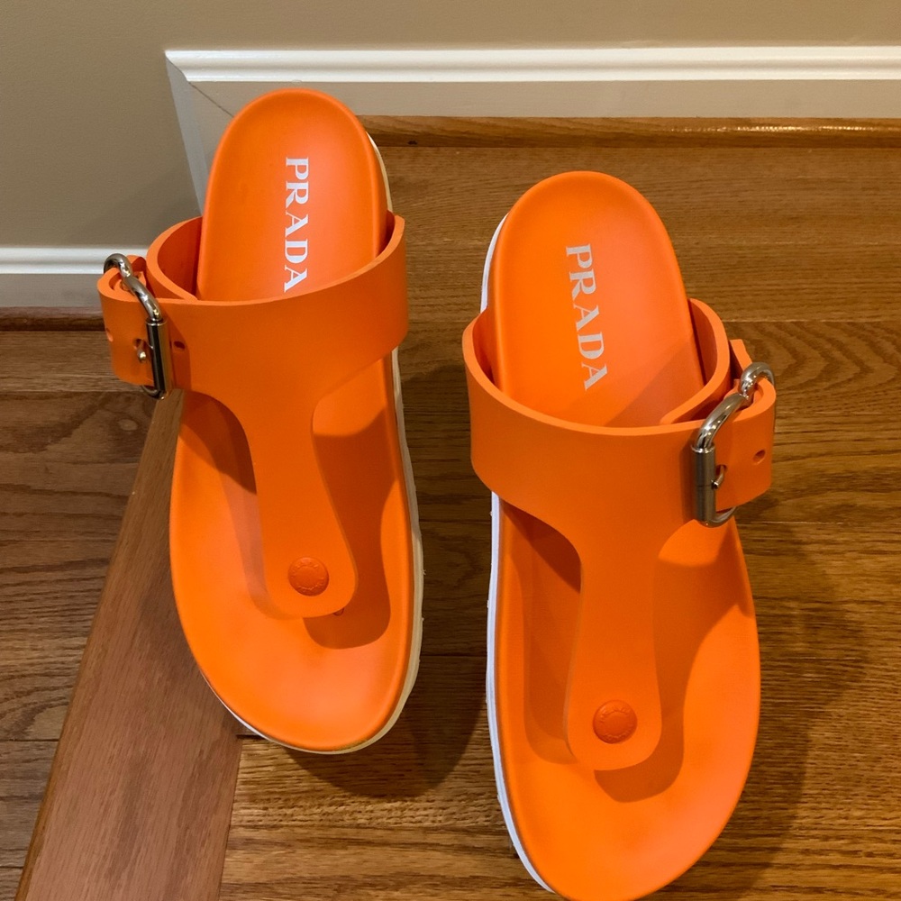 Prada Thong Silver Buckle Sandals